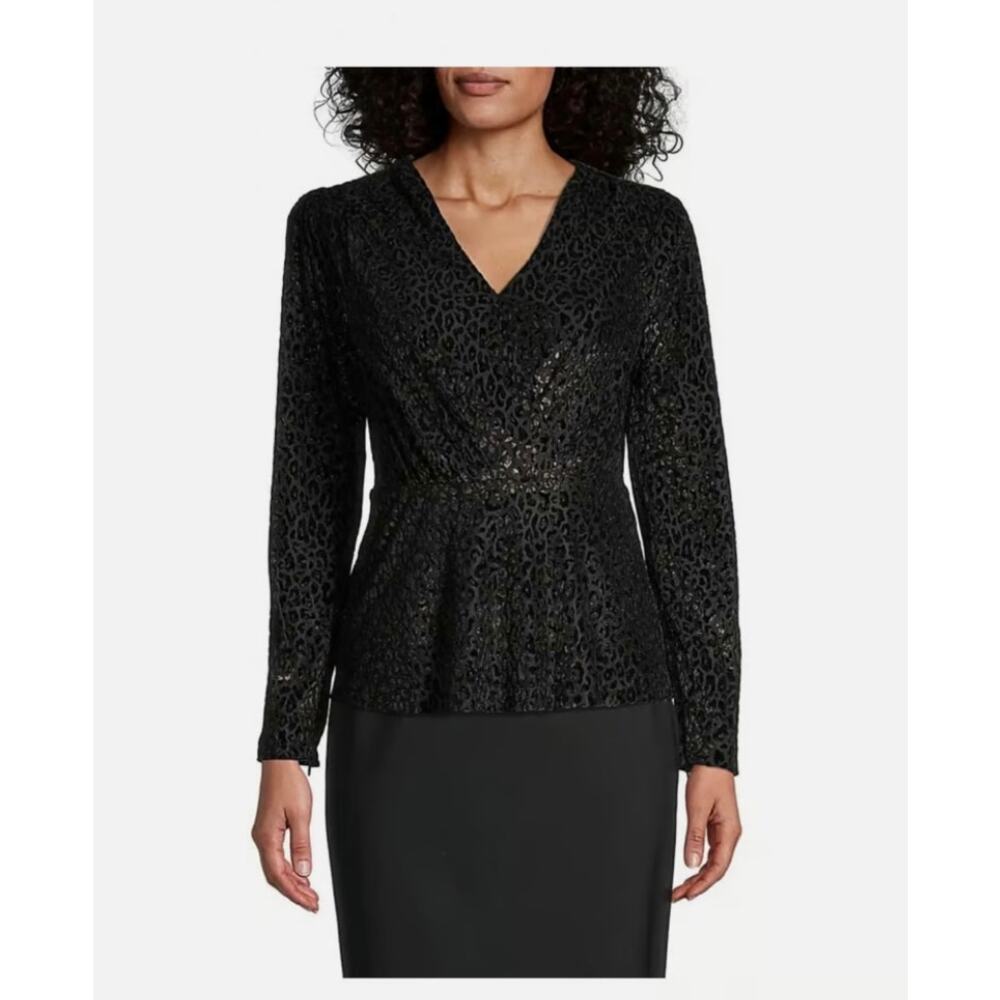 Elie Tahari Black Gold Velvet Burnout Leopard Print Surplice Peplum Top Size 2